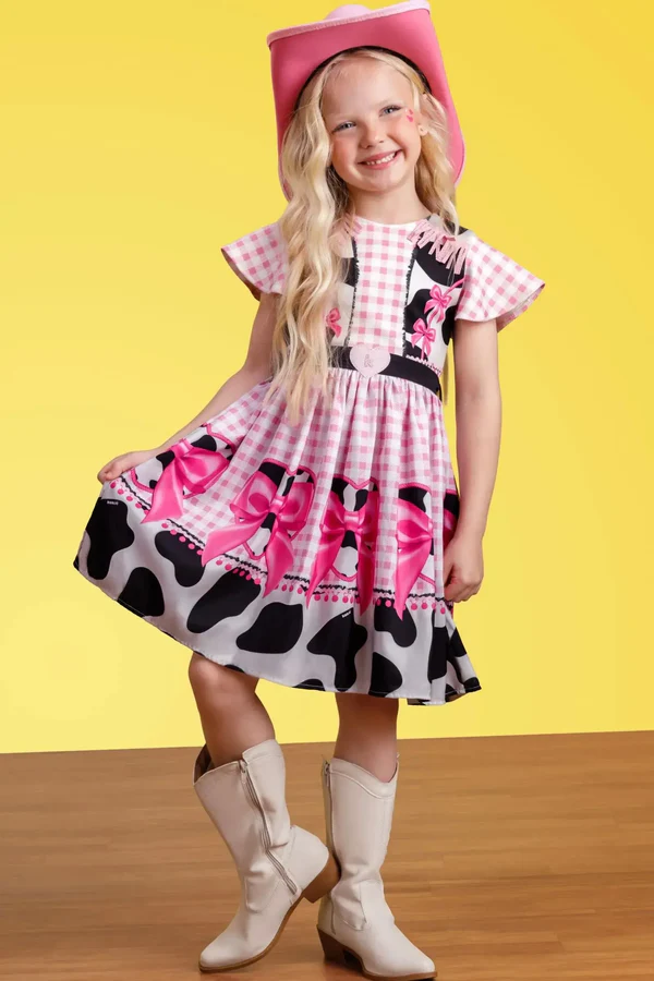 Vestido Junino Boiadeira em Fly Tech e Nylon Vaquinha e Franjas com Strass 97819 Kukiê