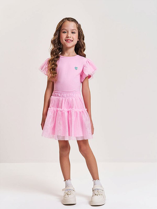 Blusa Lisa Com Mangas Tule Brilho Rosa Cinti 013260650