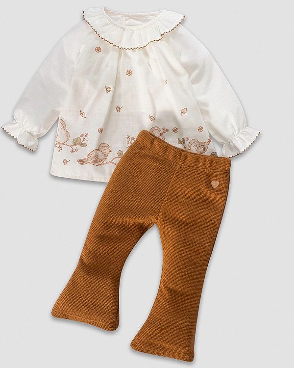 Conjunto Passarinhos Batata Manga Longa + Calca Menina Maquinetado 100% Algodão - Anjos Baby Ref: 241254
