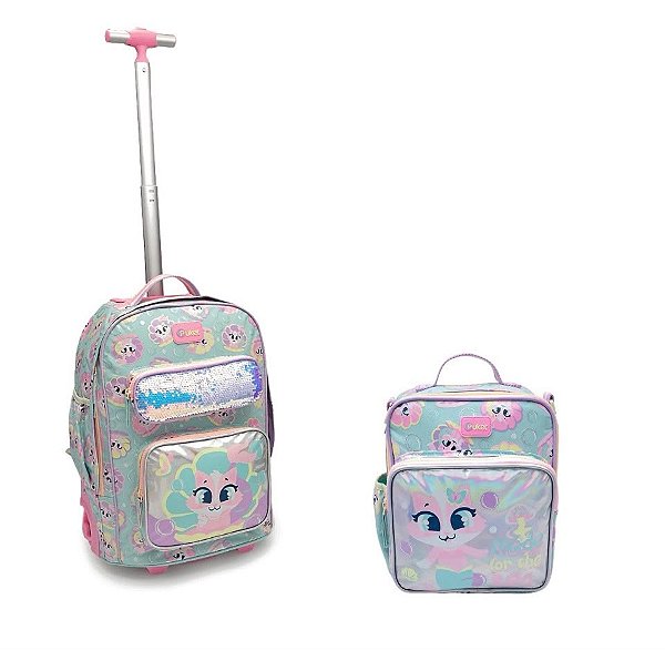 Kit Mochila com Rodinha Grande Paetê e Lancheira Gata Sereia Puket