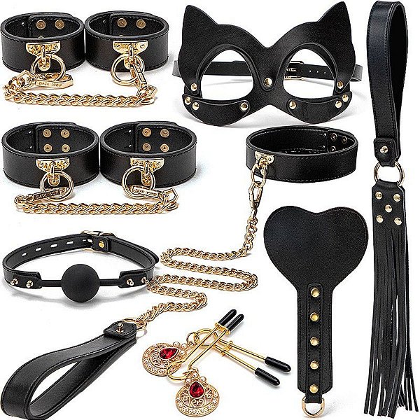 kit Maleta Sado de Luxo com Preto - Algema, Tornozeleira com Corrente,Venda e Chicote