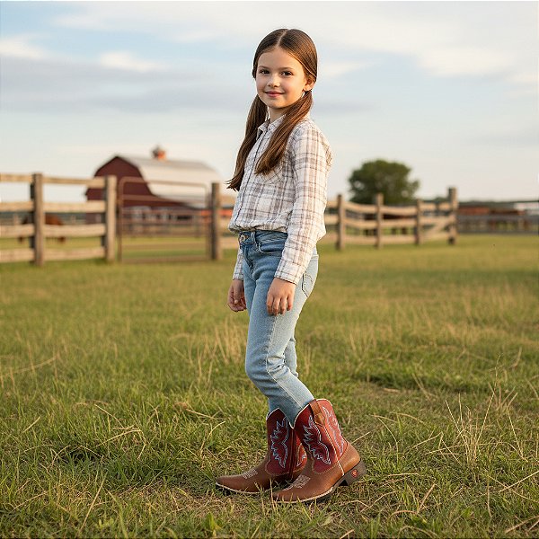 Bota Texana Infantil Feminina em Couro Cor Wisky e Vermelho - Modelo 5009 | Bili Bilu