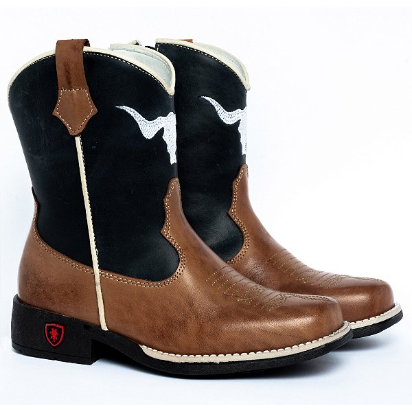 Bota Texana Infantil Unissex em Couro Cor Castor e Petróleo - Modelo 5006 | Bili Bilu