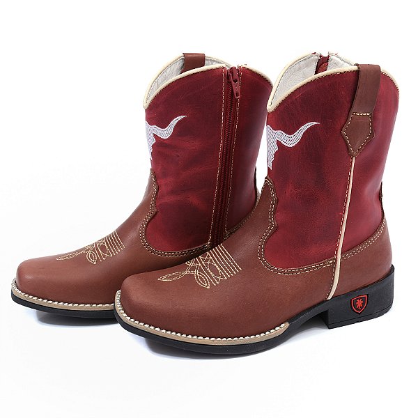 Bota Texana Infantil Unissex em Couro Cor Telha e Vermelho - Modelo 5005 | Bili Bilu