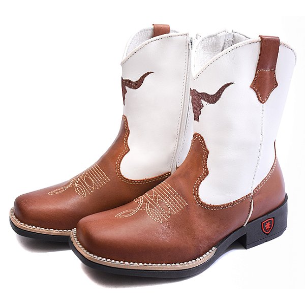 Bota Texana Infantil Unissex em Couro Cor Telha e Branco - Modelo 5004 | Bili Bilu