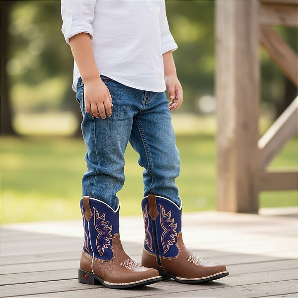 Bota Texana Infantil Unissex em Couro Cor Wisky e Azul - Modelo 5007 | Bili Bilu