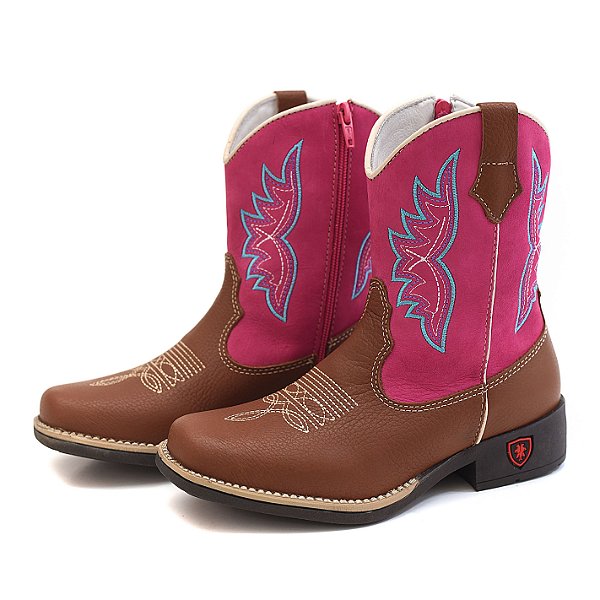 Bota Texana Infantil Feminina em Couro Cor Wisky e Pink - Modelo 5008 | Bili Bilu
