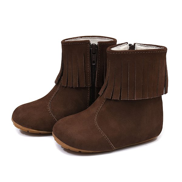 Bota Infantil Feminina em Couro com Franja Cor Chocolate Cano Curto - Modelo 1810 | Bili Bilu