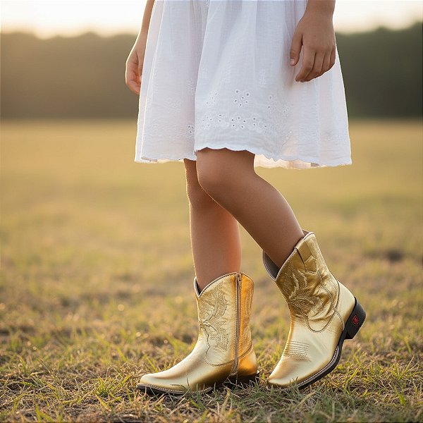 Bota Texana Infantil Feminina em Couro Cor Ouro - Modelo 5035 | Bili Bilu