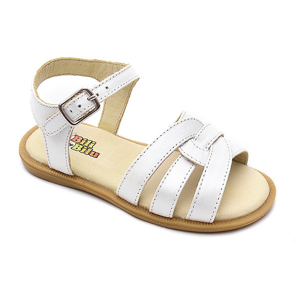 Sandália Infantil Feminina em Couro Cor Branco Perolizado - Modelo 4102 | Bili Bilu