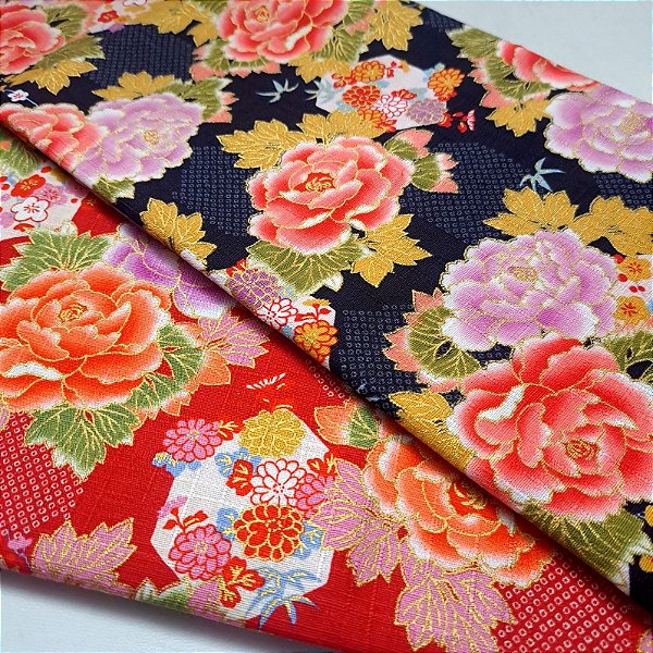 Botan Flower. Douradinho 100% Algodão Japonês(49x110cm)