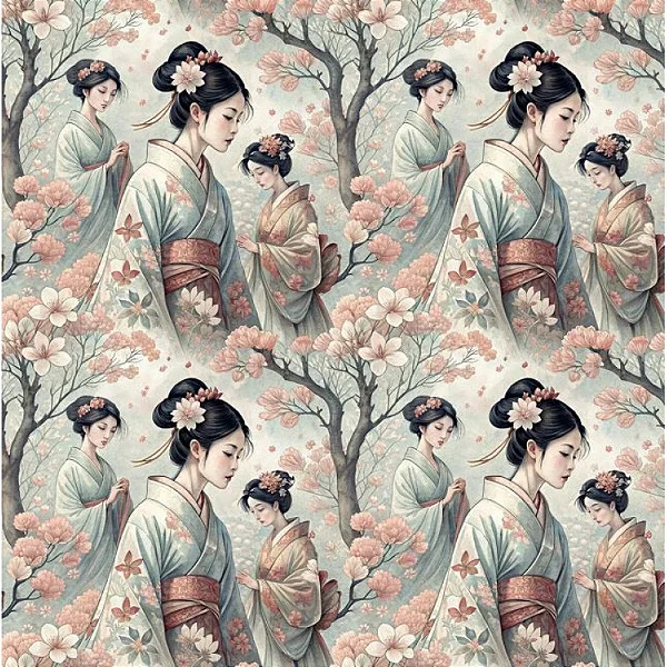 Japonesas com Sakura. Tecido Digital Fabricart 100% Algodão - 50x150cm