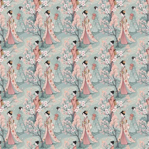 Gueixas Sakura. Tecido Digital Fabricart 100% Algodão - 50x150cm
