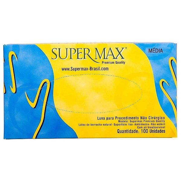 LUVA DESCARTAVEL LATEX M COM PÓ 100UN SUPERMAX
