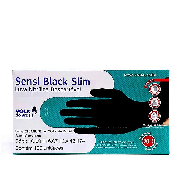 LUVA NITRILICA DESCARTAVEL SENSI BLACK SLIM P SEM PO 100UN VOLK