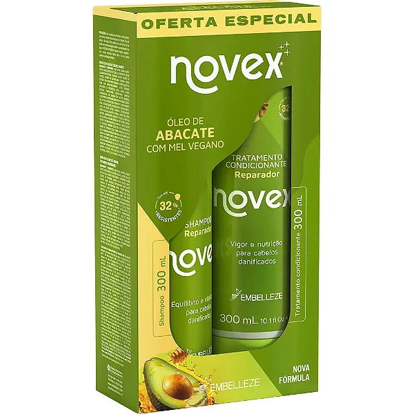 KIT NOVEX SHAMPOO+ CONDICIONADOR OLEO DE ABACATE COM MEL VEGANO 300ML CADA