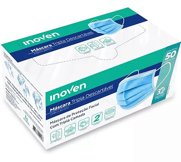 MASCARA DESCARTAVEL AZUL INOVEN C/ 50 UNIDADES