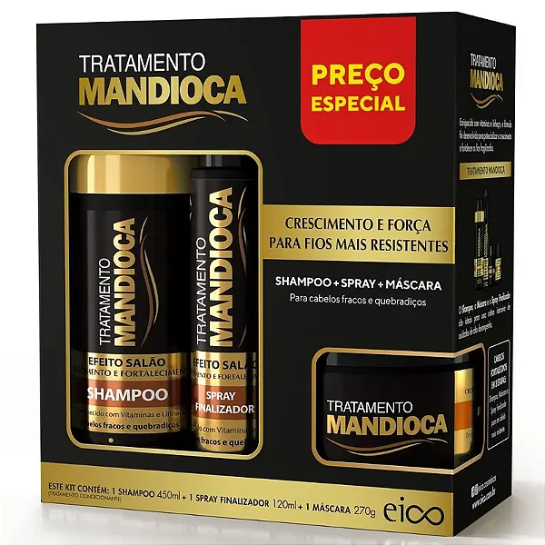 KIT EICO MANDIOCA SHAMPOO 450ML+ SPRAY 120ML + MASCARA 270G