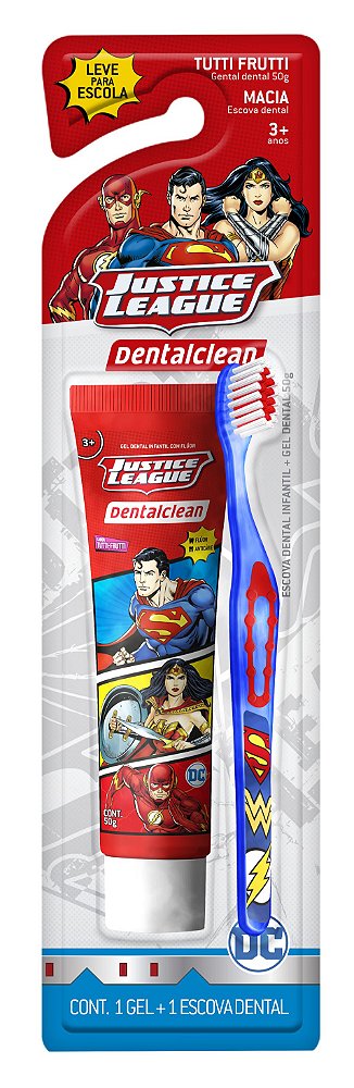 KIT GEL DENTAL DENTAL CLEAN 50G +ESCOVA JUSTICE LEAGUE +3ANOS