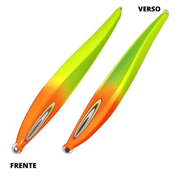 Isca Artificial Metal Jig Lamina 140g 18cm cab. laranja corpo amarelo holográfico