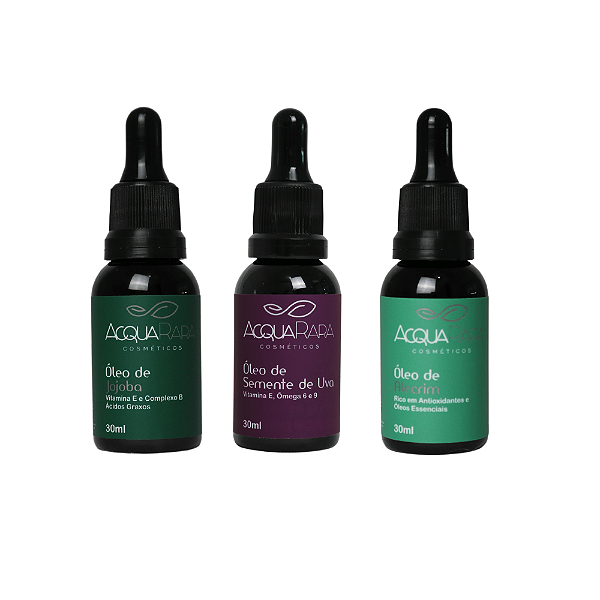 Combo de Óleos Vegetais 100% Puros e Naturais (Semente de Uva, Jojoba e Alecrim)