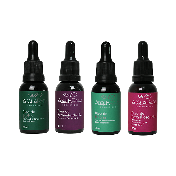 Combo de Óleos Vegetais 100% Puros e Naturais (Semente de Uva, Jojoba, Alecrim e Rosa Mosqueta)