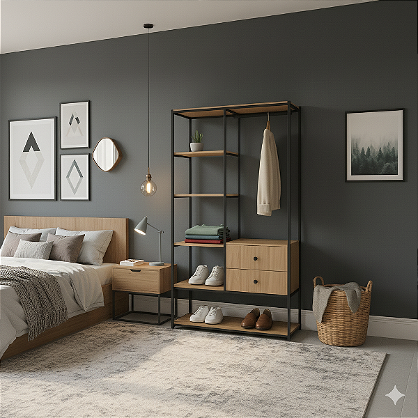Closet Aberto Industrial 200x100x40cm com Gavetas