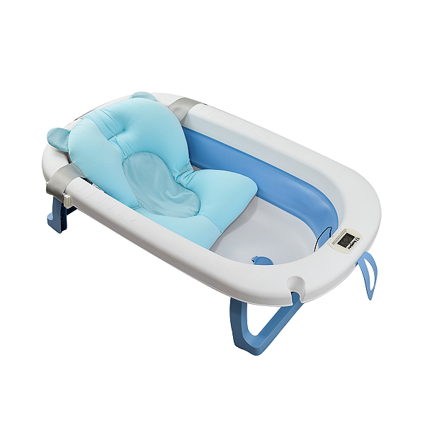 Banheira Retrátil Bebê Portátil Infantil Compacta Antiderrapante com Almofada de Banho Azul