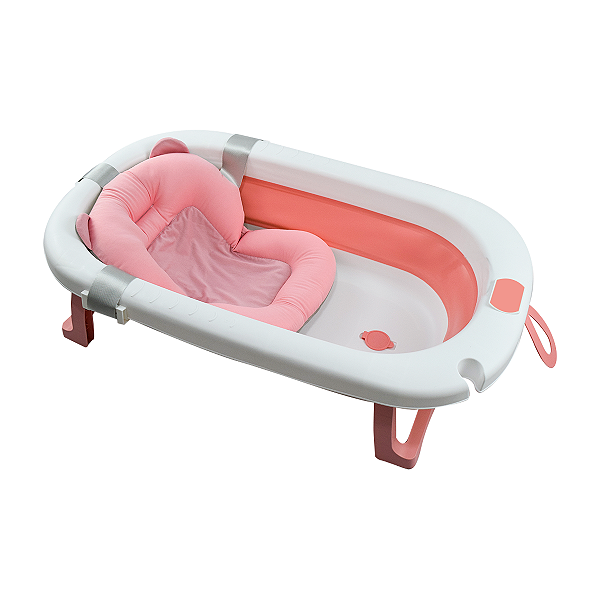 Banheira Retrátil Bebê Portátil Infantil Compacta Antiderrapante com Almofada de Banho Rosa