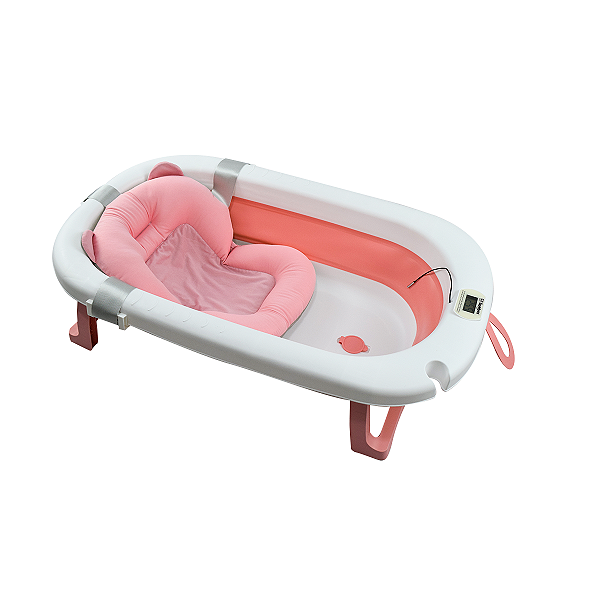 Banheira Retrátil Bebê Portátil Infantil Compacta Antiderrapante com Almofada de Banho Rosa