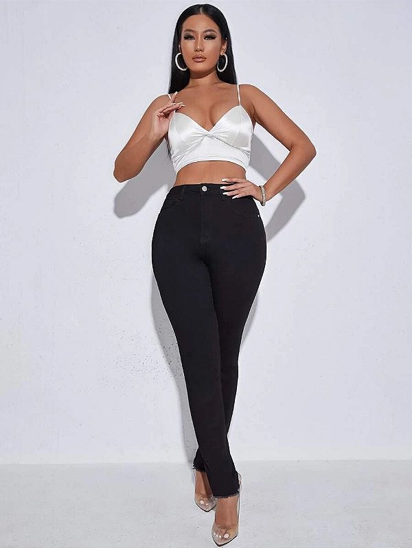 Calça Jeans Botão Raw Hem Zíper Simples