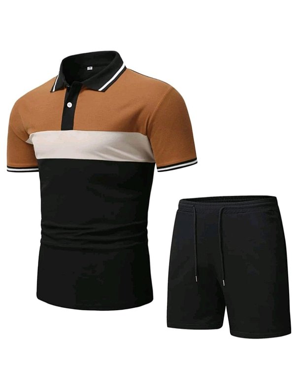 Conjunto Masculino Bloco de Cores Botão Cordão Outfit de duas peças Masculino Ocasional