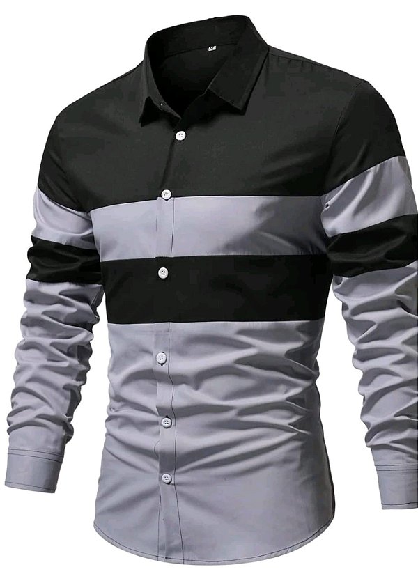 Camisa Masculina Manga Comprida Botões na Frente Bloco de Cores Ocasional