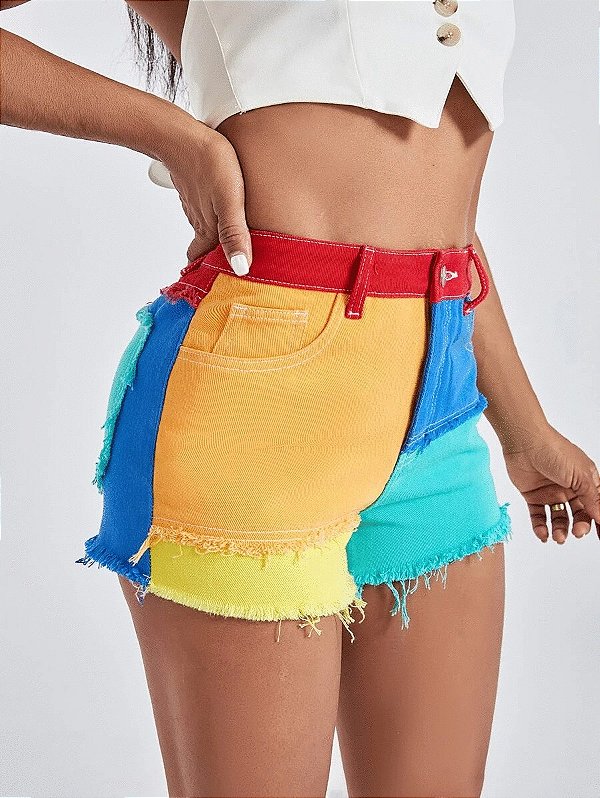 Short Jeans Botão Bolso Raw Hem Zíper Bloco de Cores