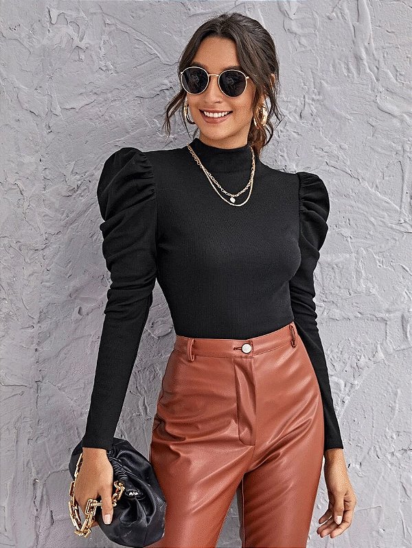 Top Cropped Pescoço Manga Gigot Malhado Simples Elegante