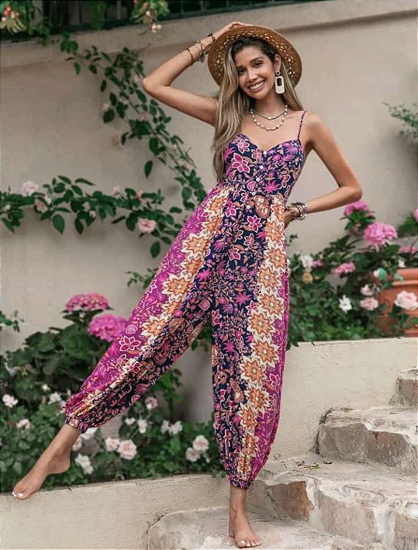 Macacão Cami Impressão Floral Botão Frontal