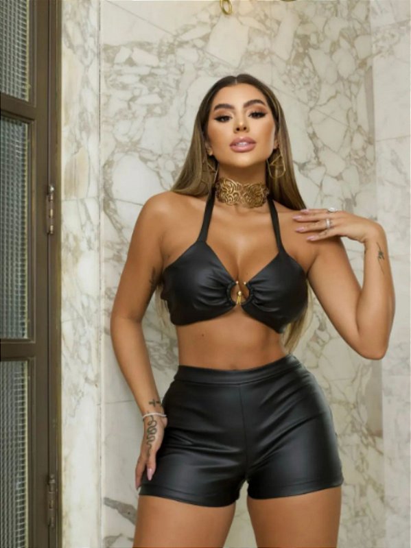Conjunto Cropped e Shorts Nova Coleção Couro Fake