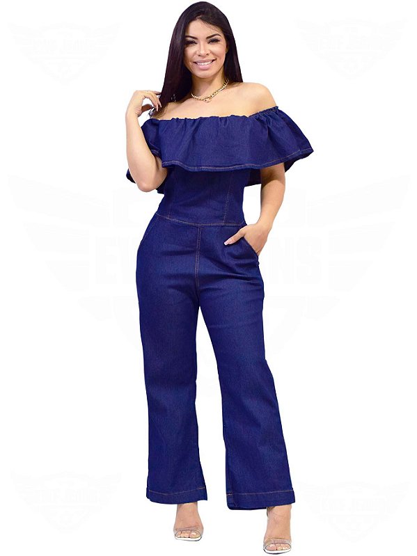 Macacão Jeans Feminino Manga Ciganinha