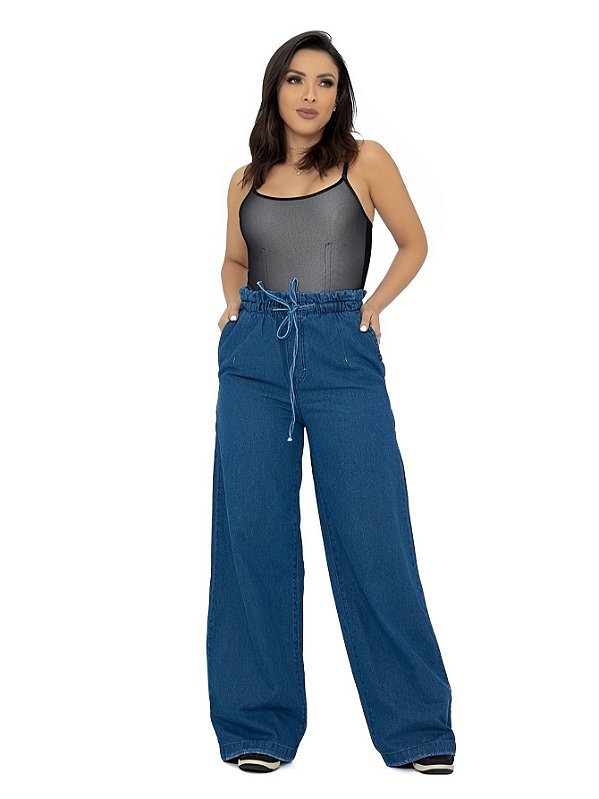 Calça Jeans Feminina Wide Leg Com Elástico Na Cintura.