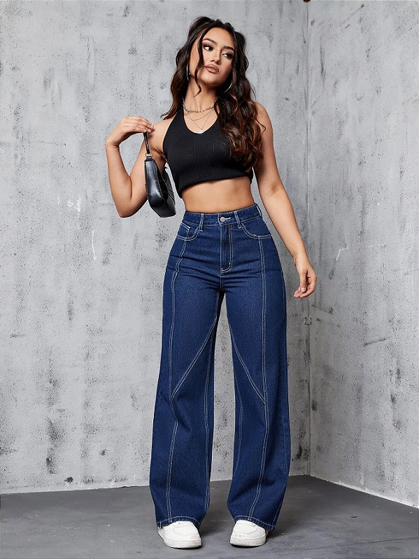Calça Jeans Perna Reta Costura Superior Cintura Alta