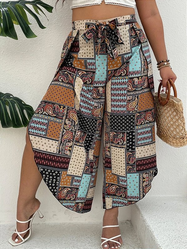 Calças Pernas Largas Impressão Floral & Paisley Bainha Assimétrica com Cinto