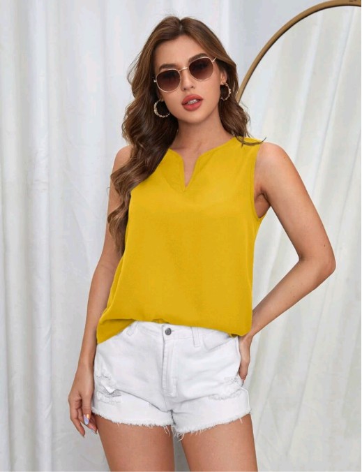 Blusa sem Mangas Colarinho Entalhado Solido