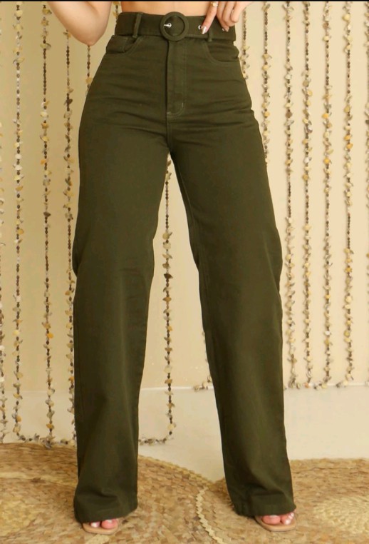 Jeans Calça Wide Leg Premium Verde Militar  Cintura Alta Levanta Bumbum