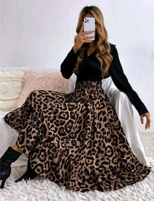 Saia com babados e estampa de Leopardo