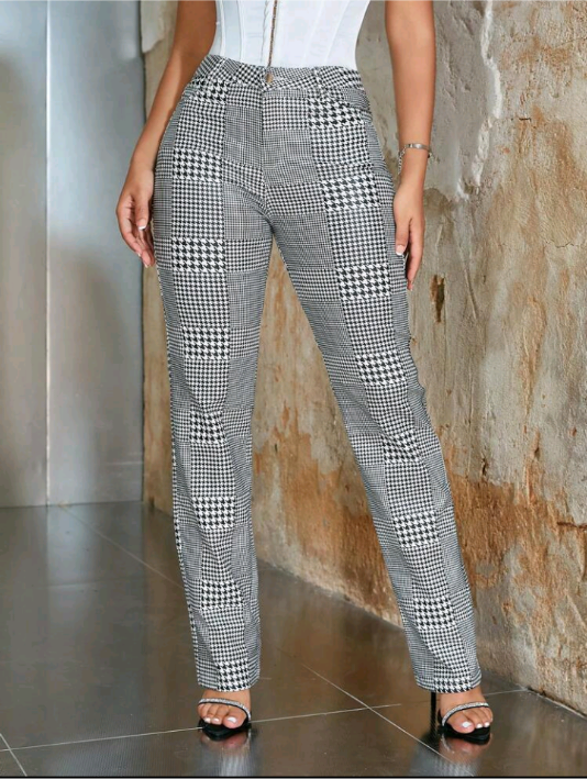 Calça Perna Flare cintura alta Houndstooth PU