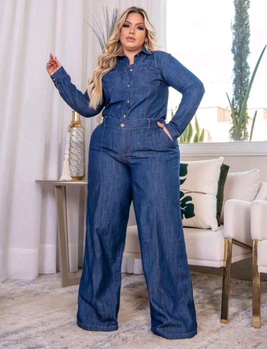 Conjunto Jeans feminino Plus Size Calça e Camisa manga longa