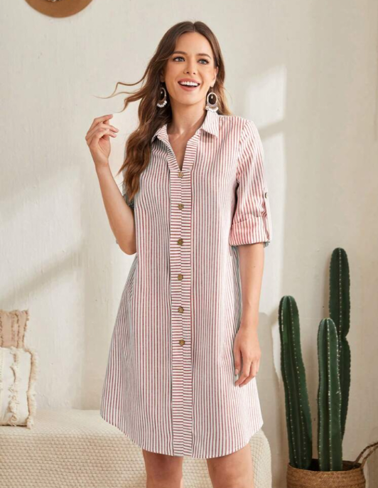 Vestido Camisa Manga de guia de rolo Listrado