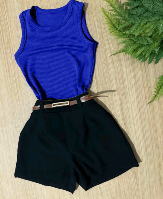Conjunto 2 peças Regata canelada + Short Alfaiataria com cinto