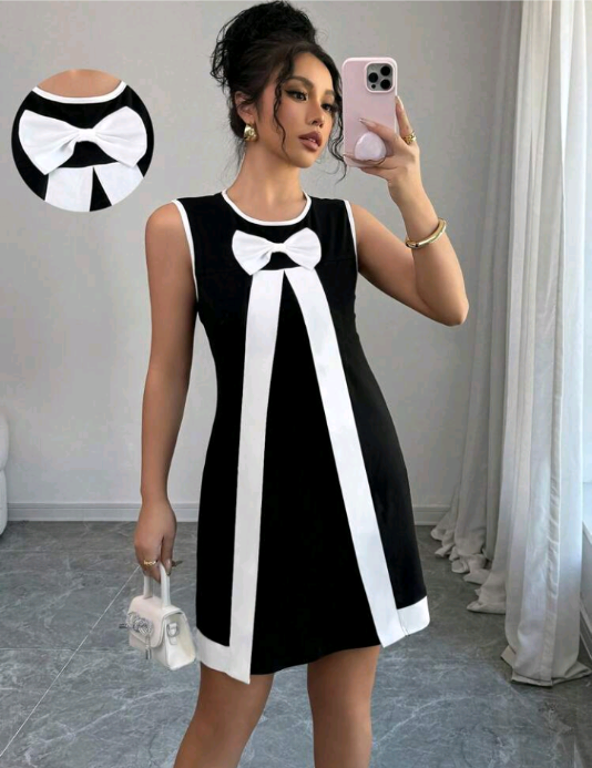 Vestido Casual Preto e Branco Modelo A-Line,