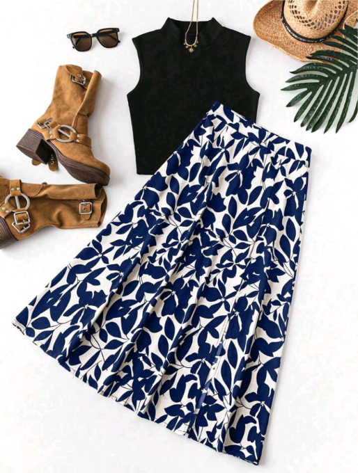 Conjunto Top Regata de Gola e Saia com Estampa Botânica